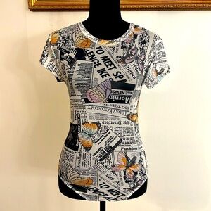 White Black Color Butterfly Newspaper Print Bodysuit by Rue 21, Sz. XS.